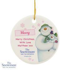 Personalised The Snowman & The Snowdog Pink Decoration